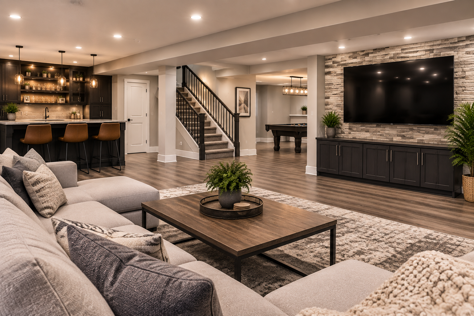 Finished basement in a Las Vegas home by Corestone Construction with functional living space