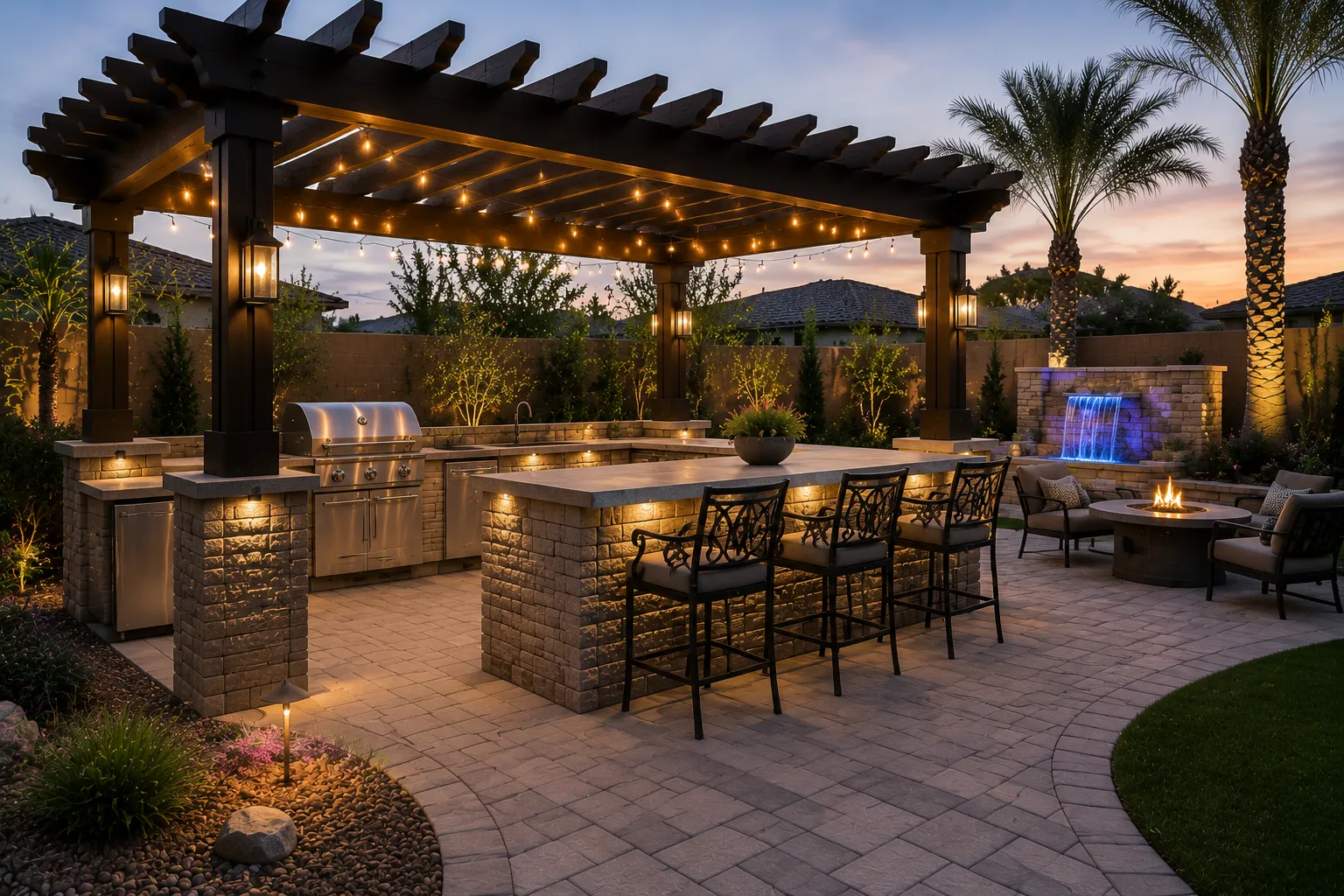 Custom outdoor BBQ island and pergola built by Corestone Construction in a Henderson NV backyard